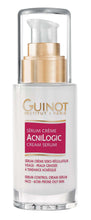 Load image into Gallery viewer, A pump bottle of Guinot Acnilogic Cream Serum for acne-prone oily skin. Bottle has red instruction and gold pump