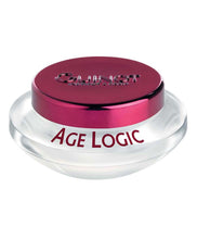 Load image into Gallery viewer, A clear jar with a red lid labeled Guinot AGE LOGIC which contains an anti-aging  skin moisturizer.