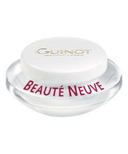 Load image into Gallery viewer, A jar of BEAUTE NEUVE cream with a white lid and a label that has the brand Guinot in gold and product name Beauté Neuve in red. The product is a skin care cream, indicated for enhancing skin glow and texture.