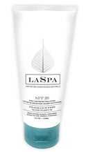 Load image into Gallery viewer, LA SPA brand SPF30 moisturizing mineral sunscreen in a tube packaging with SPF 20 protection, featuring white  tube and blue color scheme with leaf graphics.