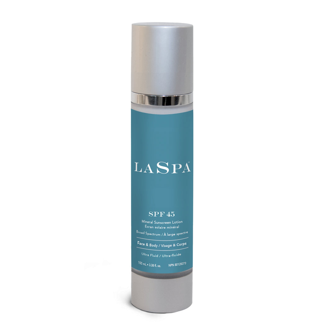 Blue La Spa SPF45 100ml sunscreen lotion bottle with silver cap on a white background