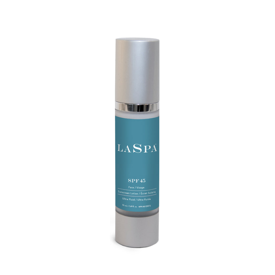 Skincare bottle with 'LASPA' SPF45  50ml branding on a white background